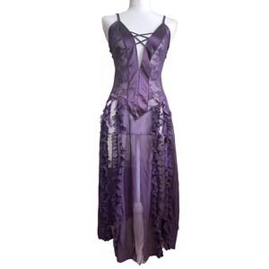 Purple Sheer Mesh Lace Ruffle Lingerie Slip Dress Gothic Glam Dark Romantic